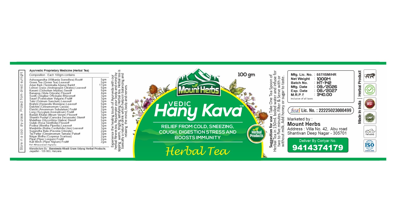 Honey Kava original product label — Mount Herbs composition, usage, MRP and marketing details