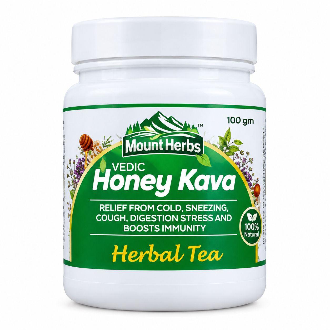 Honey Kava Vedic Herbal Tea 100 gm bottle by Mount Herbs — 20+ natural ingredients